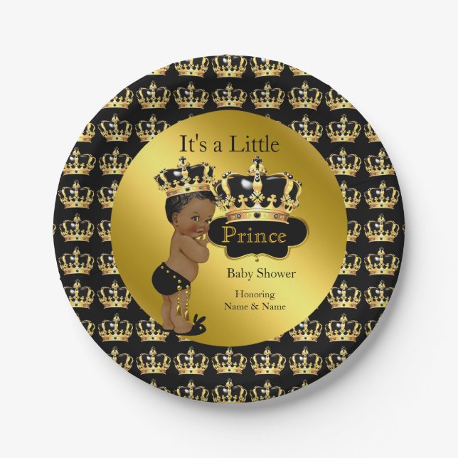 Royal Gold Black Prince Crown Baby Shower Ethnic Paper Plate (Front)