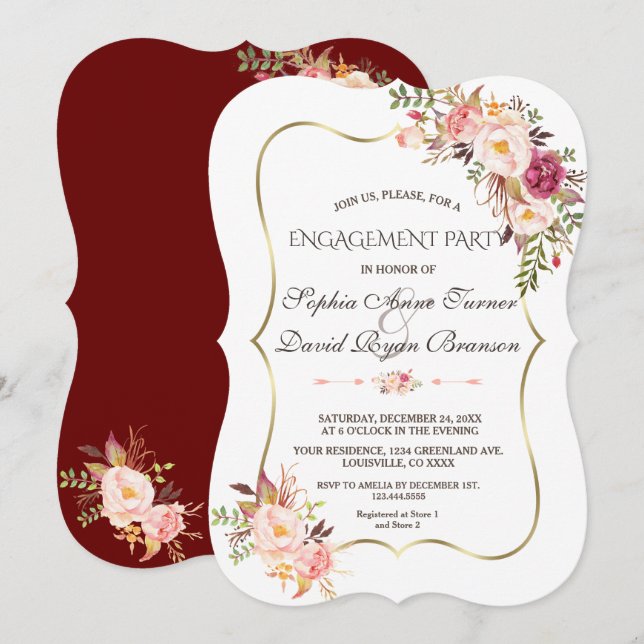 Royal Gold Blush Pink Floral Burgundy Engagement Invitation (Front/Back)