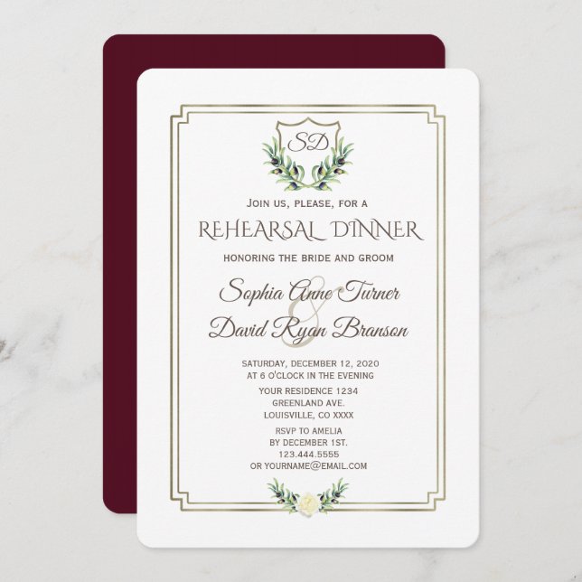 Royal Gold Crest Laurel Wreath Rehearsal Dinner Invitation (Front/Back)