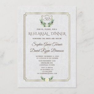 Royal Gold Crest Lush Greenery Rehearsal Dinner Invitation