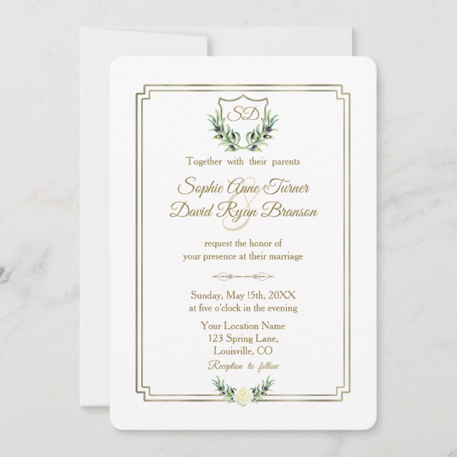 Royal Gold Crest Lush Greenery Wedding Invitation (Front)