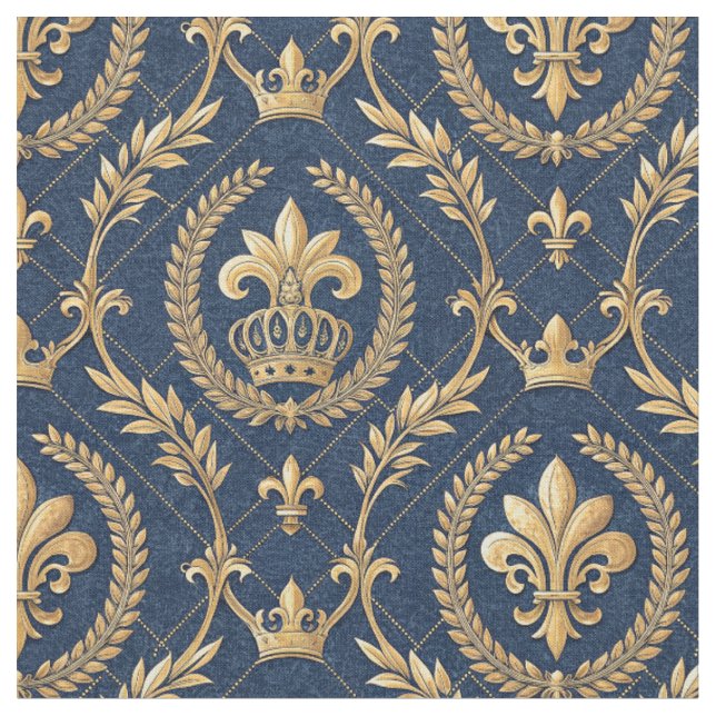 Royal Gold Crown Blue Velvet Luxury Damask Pattern Fabric (Close Up)