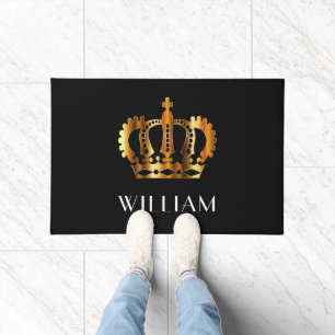 Royal Gold Crown Personalised Name Black Doormat