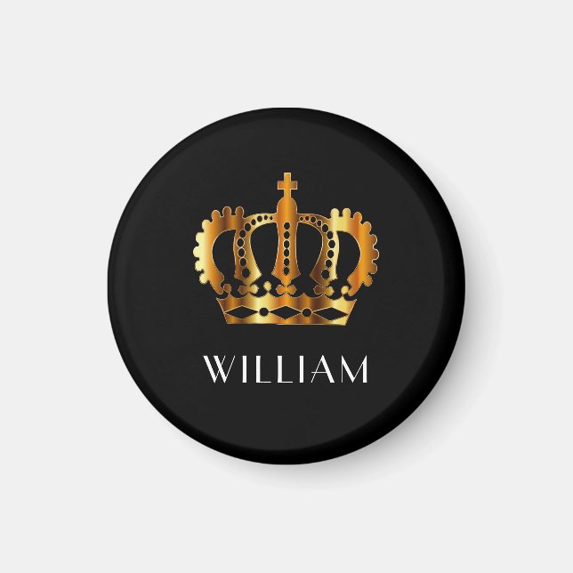 Royal Gold Crown Personalised Name Black Magnet (Front)