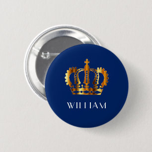 Royal Gold Crown Personalised Name Blue  6 Cm Round Badge