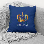 Royal Gold Crown Personalised Name Blue Cushion<br><div class="desc">Royal Gold Crown Personalised Name Blue Throw Pillow</div>