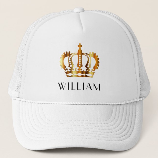 Royal Gold Crown Personalised Name White Trucker Hat (Front)