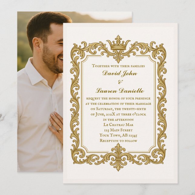 Royal Gold Crown Photo Wedding Invitation  (Front/Back)