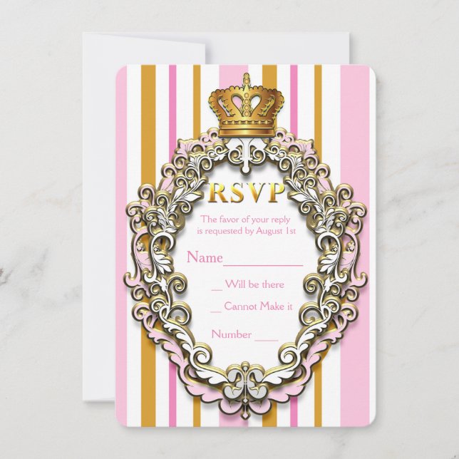 Royal Gold Crown Pink Striped Party RSVP Card (Front)