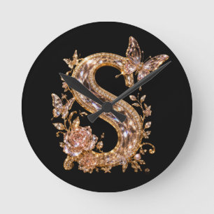 Royal Gold Crystal Letter S Luxury Monogram Round Clock