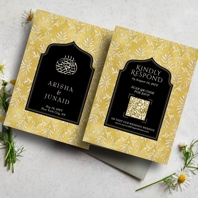 Royal Gold Damask Muslim QR Code RSVP Wedd Website Enclosure Card (Creator Uploaded)