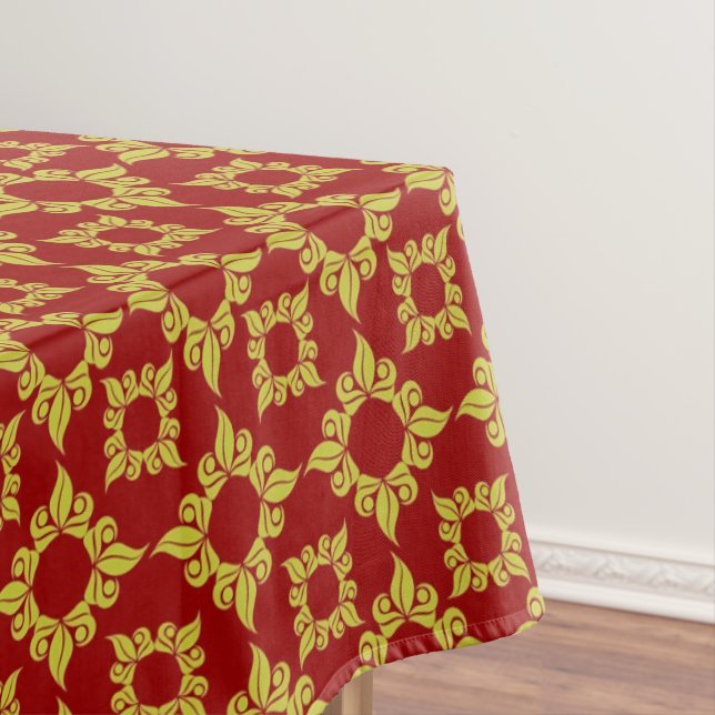 Royal Gold Damask Pattern on Deep Red Tablecloth (In Situ)