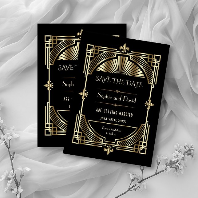 Royal Gold Fleur-de-lis 20s Wedding Save The Date Invitation (Creator Uploaded)