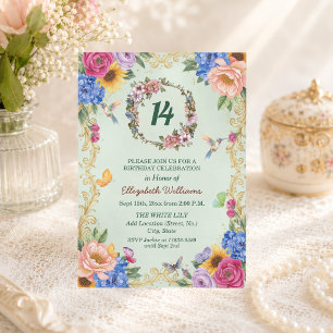 Royal Gold Floral Hummingbirds 14th Birthday Party Invitation