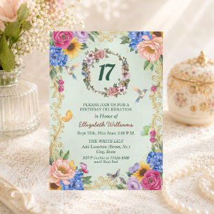 Royal Gold Floral Hummingbirds 17th Birthday Party Invitation