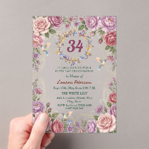 Royal Gold Floral Hummingbirds 34th Birthday Party Acrylic Invitations