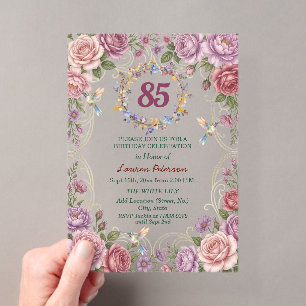 Royal Gold Floral Hummingbirds 85th Birthday Party Acrylic Invitations