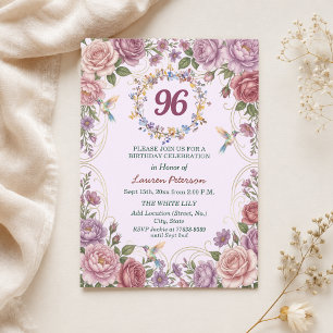 Royal Gold Floral Hummingbirds 96th Birthday Party Invitation