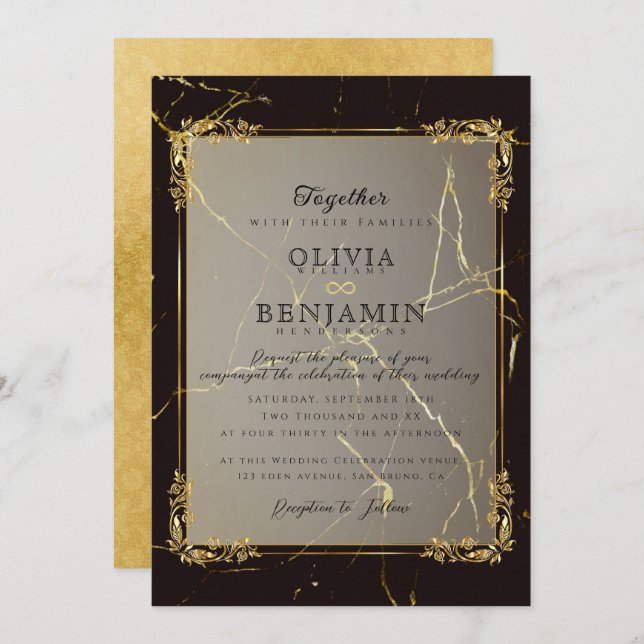 Royal Gold Frame florales &  Black Marbled Wedding Invitation (Front/Back)