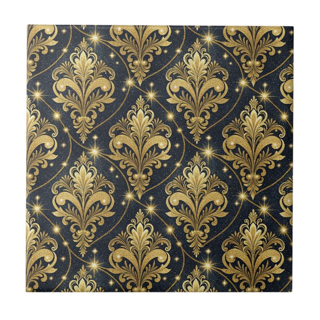 Royal Gold Glitter Damask Regal Palace Pattern Art Tile (Front)