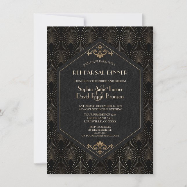 Royal Gold Great Gatsby Art Deco Rehearsal Dinner Invitation (Front)