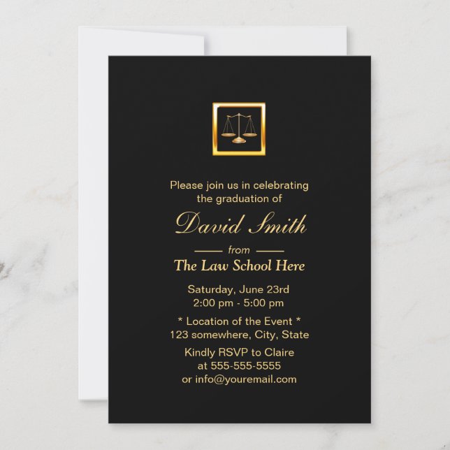 Royal Gold Justice Scale Law School Graduation Invitation (Front)