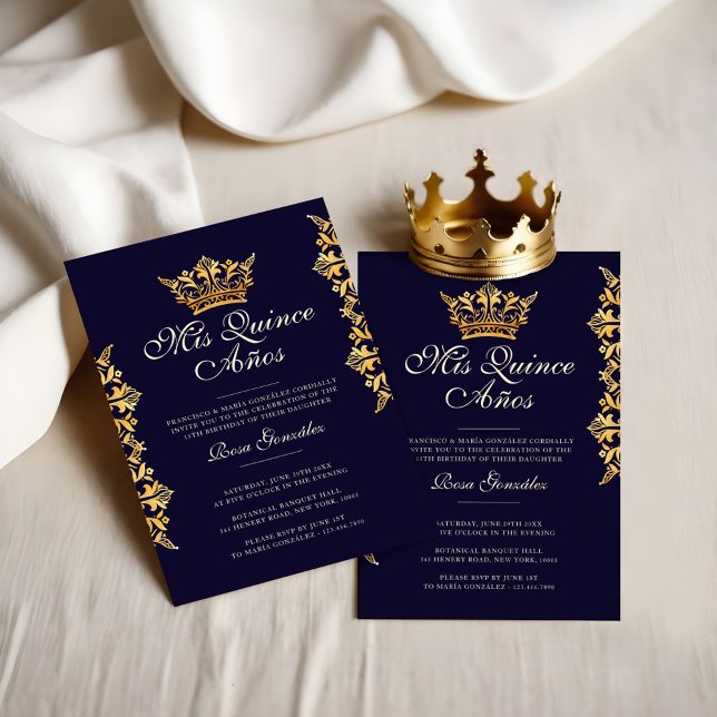 Royal Gold Leaf Crown Elegant Navy Quinceañera Invitation (Royal Gold Leaf Crown Elegant Navy Quinceañera Invitation)