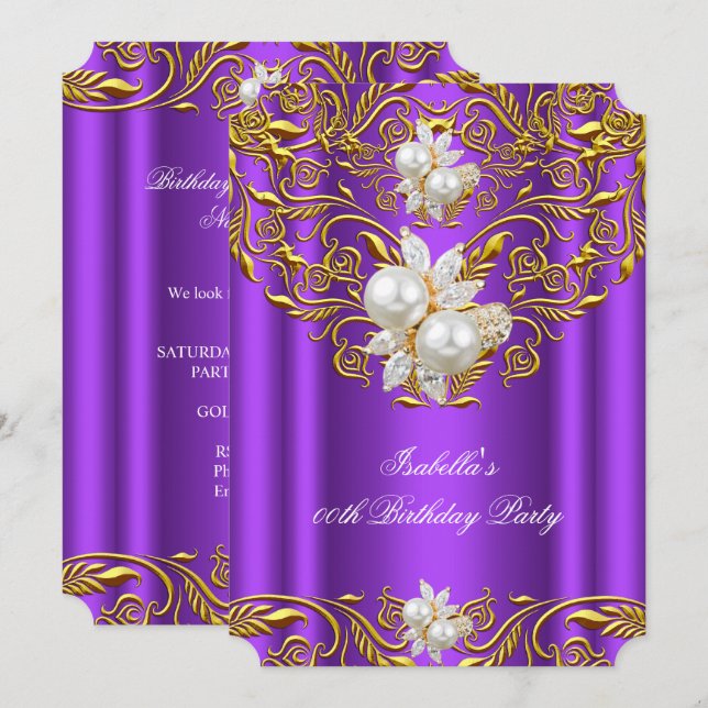 Royal Gold on Purple Pearl Elegant Birthday Party Invitation (Front/Back)