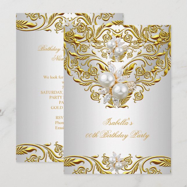 Royal Gold on White Pearl Elegant Birthday Party Invitation (Front/Back)