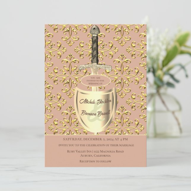 Royal Gold Pattern Wedding Invitation (Standing Front)