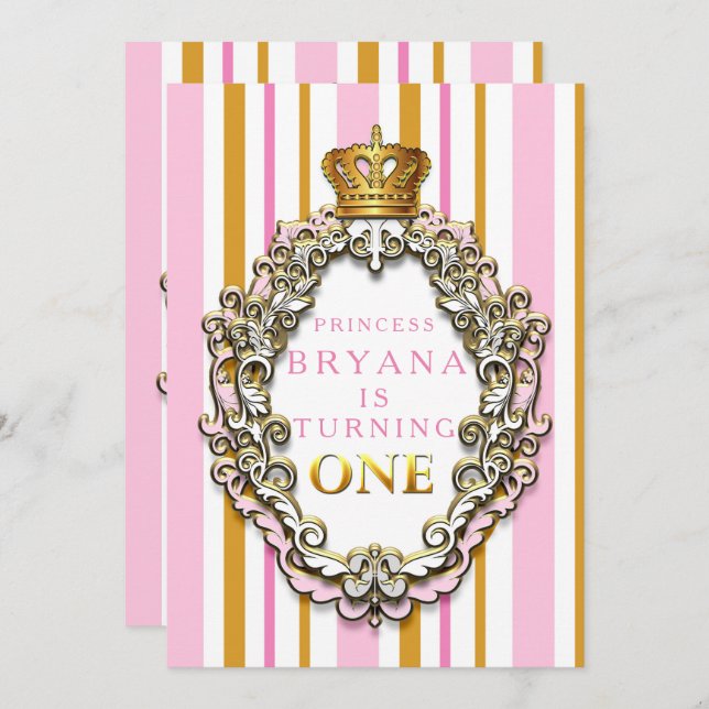 Royal Gold & Pink Crown 1st Birthday Invitation (Front/Back)