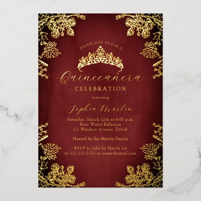 Royal Gold Red Vintage Floral Quinceanera  (Front)