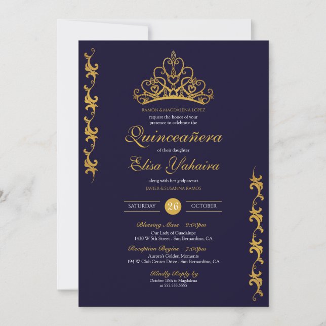 Royal Gold Tiara Crown Elegant Navy Quinceañera Invitation (Front)