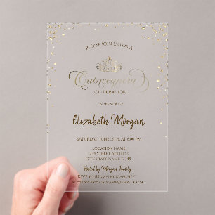 Royal Gold Tiara,Diamonds Green Quinceañera Acrylic Invitations
