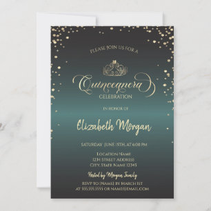 Royal Gold Tiara,Diamonds Green Quinceañera Invitation