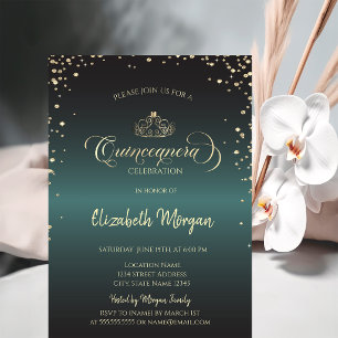 Royal Gold Tiara,Diamonds Green Quinceañera Invitation