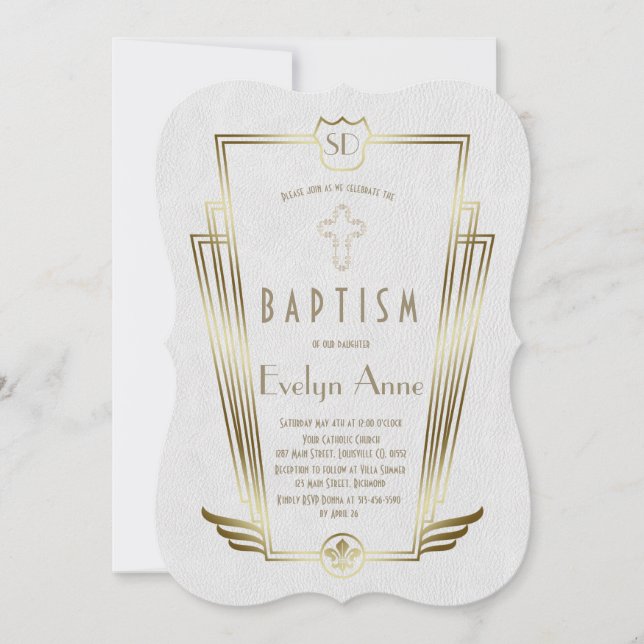Royal Gold White Art Deco Monogram Baptism Invitation (Front)