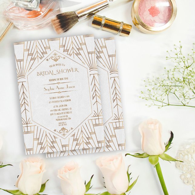 Royal Gold White Great Gatsby 1920s Bridal Shower Invitation (trendy white gold Art Deco bridal shower invitation, roaring 20s elegant bridal shower invite, )