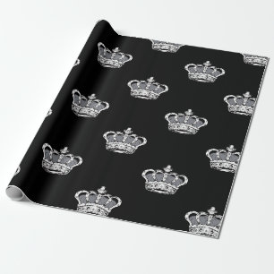 Royal Gray Crown Pattern on Bold Black Background Wrapping Paper