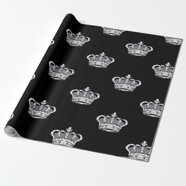 Royal Gray Crown Pattern on Bold Black Background Wrapping Paper (Unrolled)