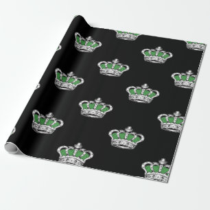 Royal Green Crown Pattern on Bold Black Background Wrapping Paper