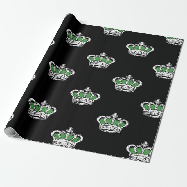 Royal Green Crown Pattern on Bold Black Background Wrapping Paper (Unrolled)