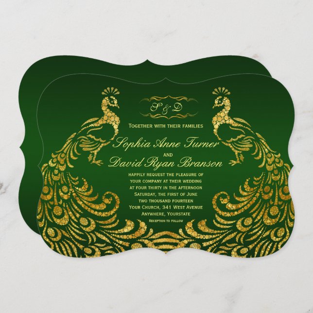 Royal Green Faux Gold Peacock Wedding Invitation (Front/Back)