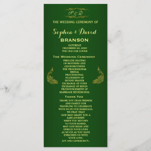 Royal Green Gold Peacock Wedding Program Custom Programme