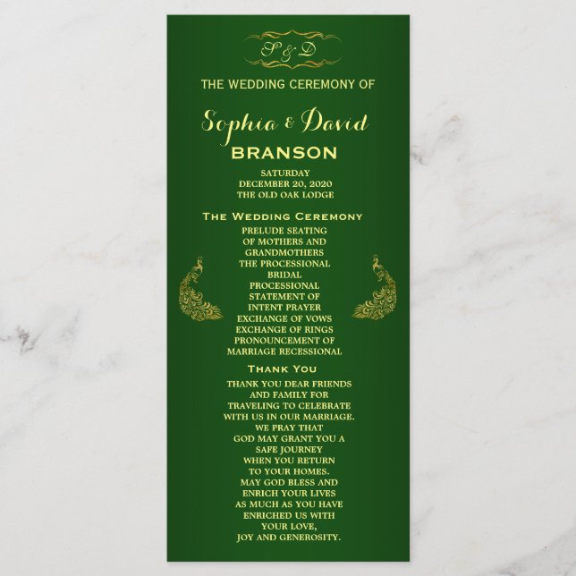 Royal Green Gold Peacock Wedding Program Custom Programme (Front)