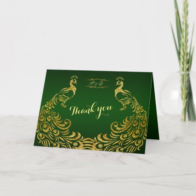 Royal Green Gold Peacock Wedding THANK YOU Card (Front)