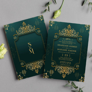 Royal Green I Gold Floral Elegant Muslim Wedding Invitation