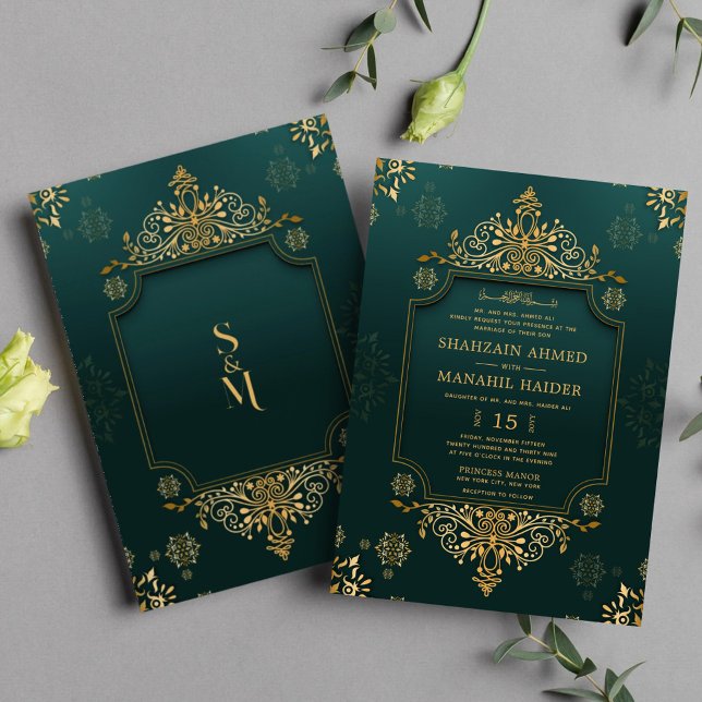 Royal Green I Gold Floral Elegant Muslim Wedding Invitation (Creator Uploaded)