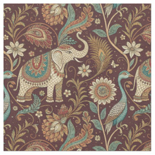 Royal Indian Elephant Paisley Floral Design Art Fabric
