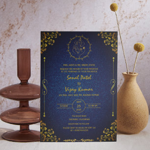 Royal Indian Hindu Wedding Ganesha Logo Golden Invitation